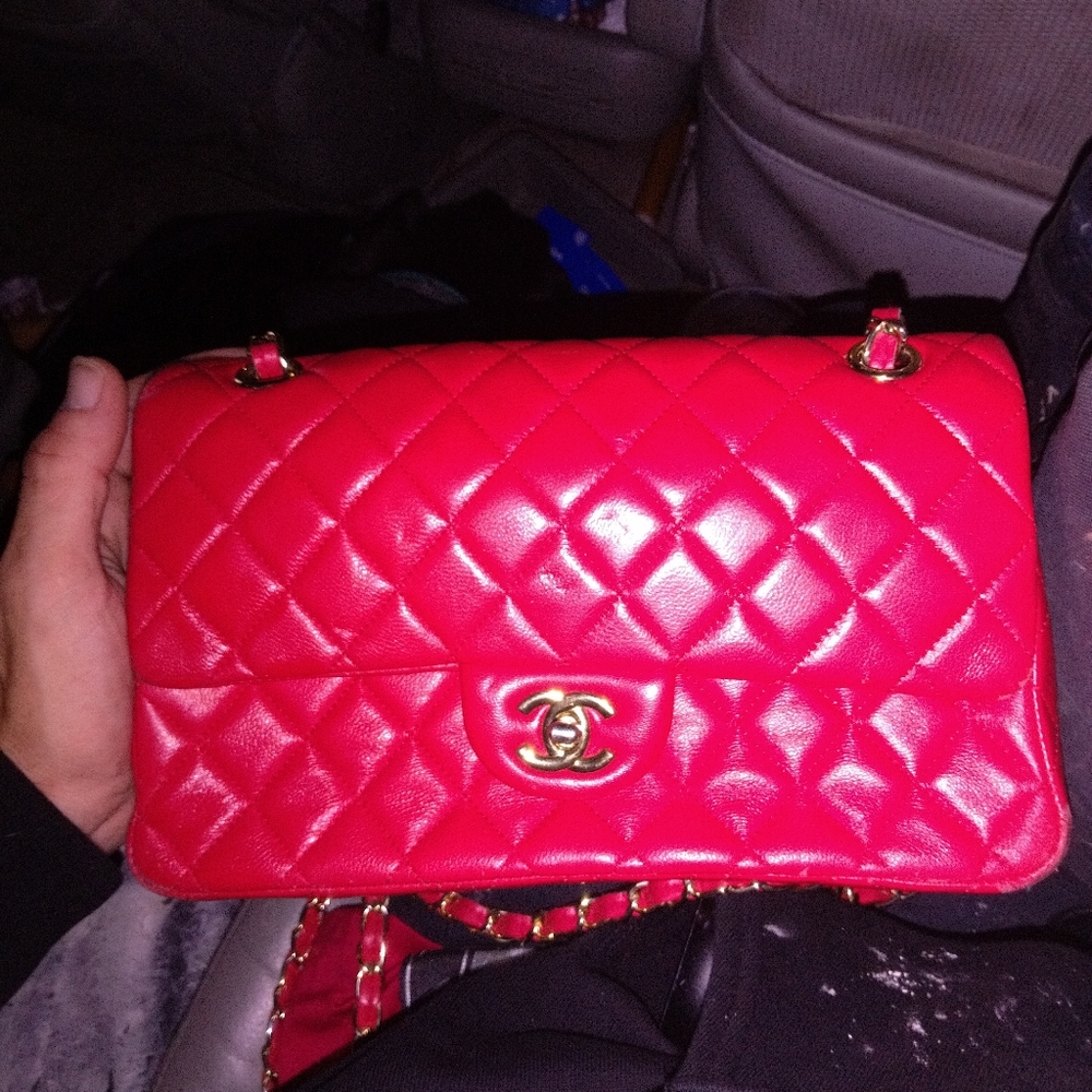 AuthenticChanel 2016 Cruise Classic Medium Flap Red Lambskin with Gold Chains